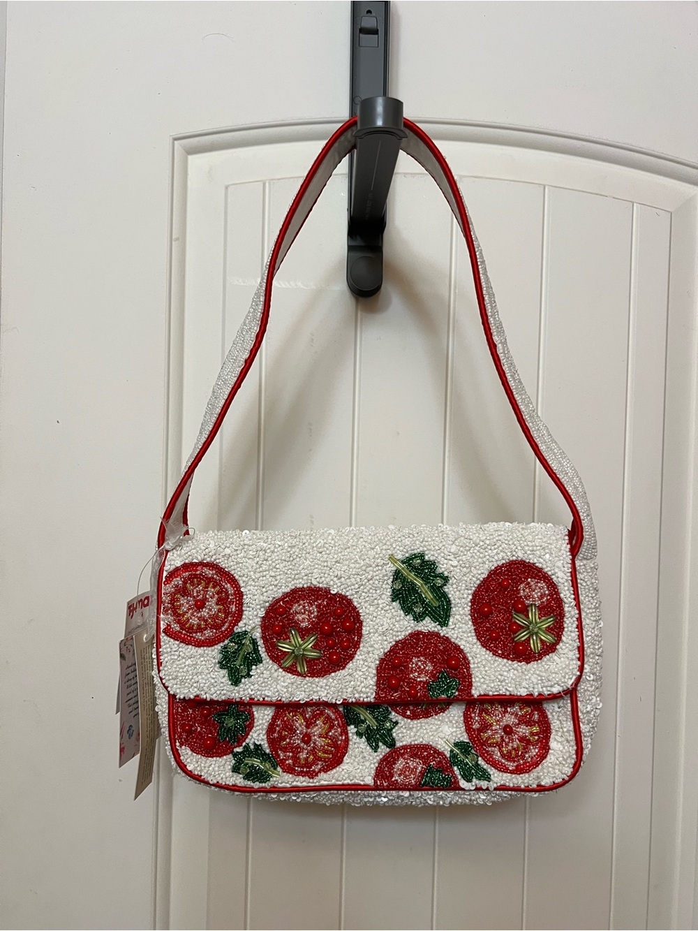 VIRAL TIK TOK Beaded Tomato Motif Shoulder Bag - White & Red